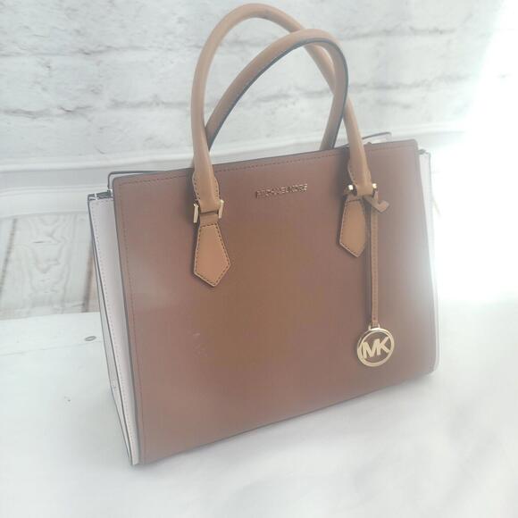 Handbags - Michael Kors Brown/ Tan/ White Large Sutton Double Strap Leather Bag
